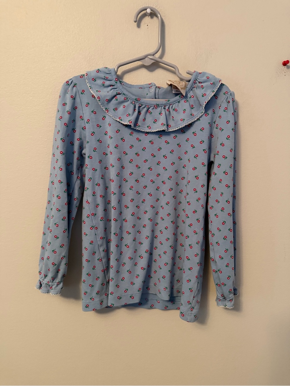 The Beaufort Bonnet Company Light Blue Floral Ruffle Collar Long Sleeve Top